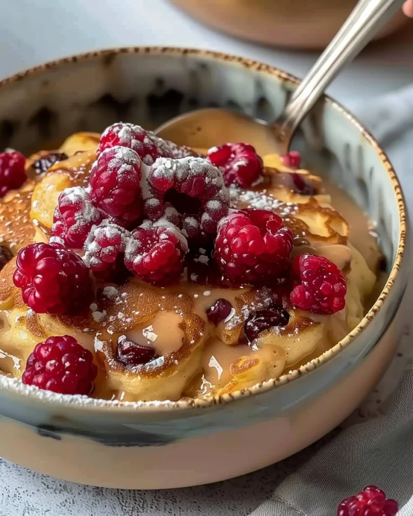 Fluffy baked protein pancake bowls topped with fresh fruits and syrup