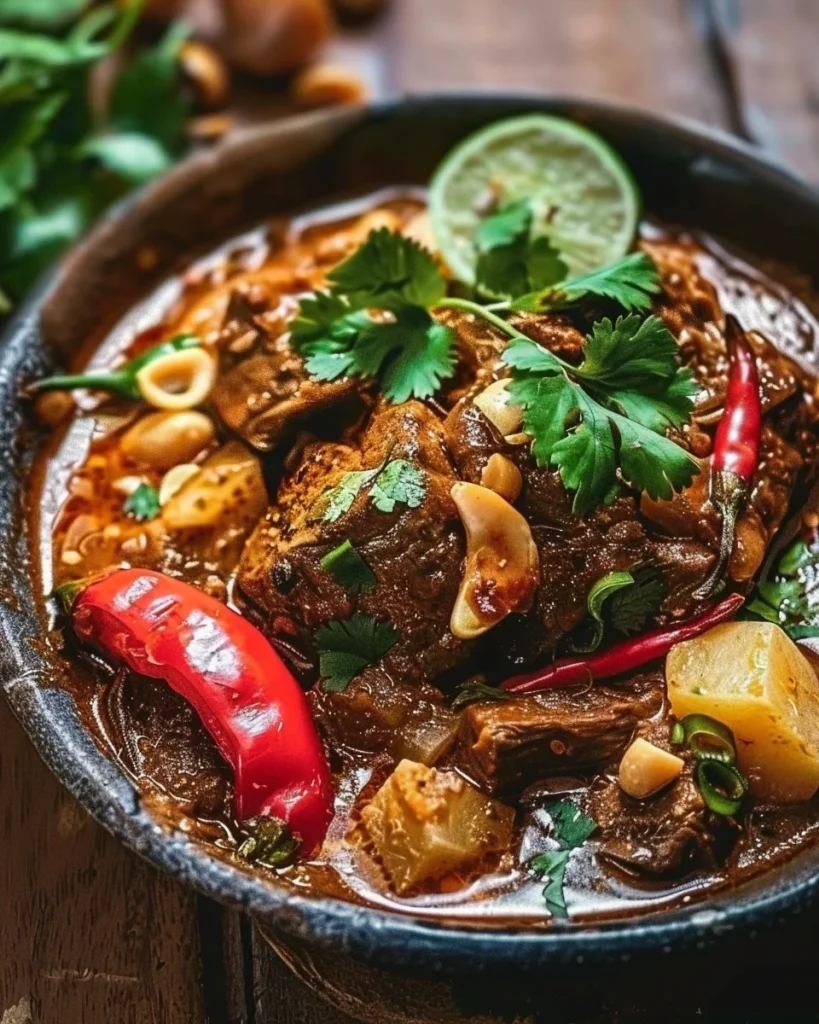 Slow-baked Massaman beef curry garnished with lime and fresh cilantro