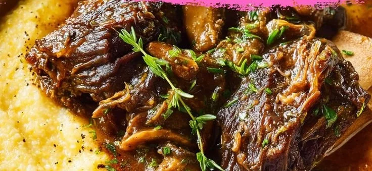 Slow-Braised Beef Short Ribs with Mushrooms & Creamy Cheddar Grits 2 Slow-Braised Beef Short Ribs with Mushrooms & Creamy Cheddar Grits