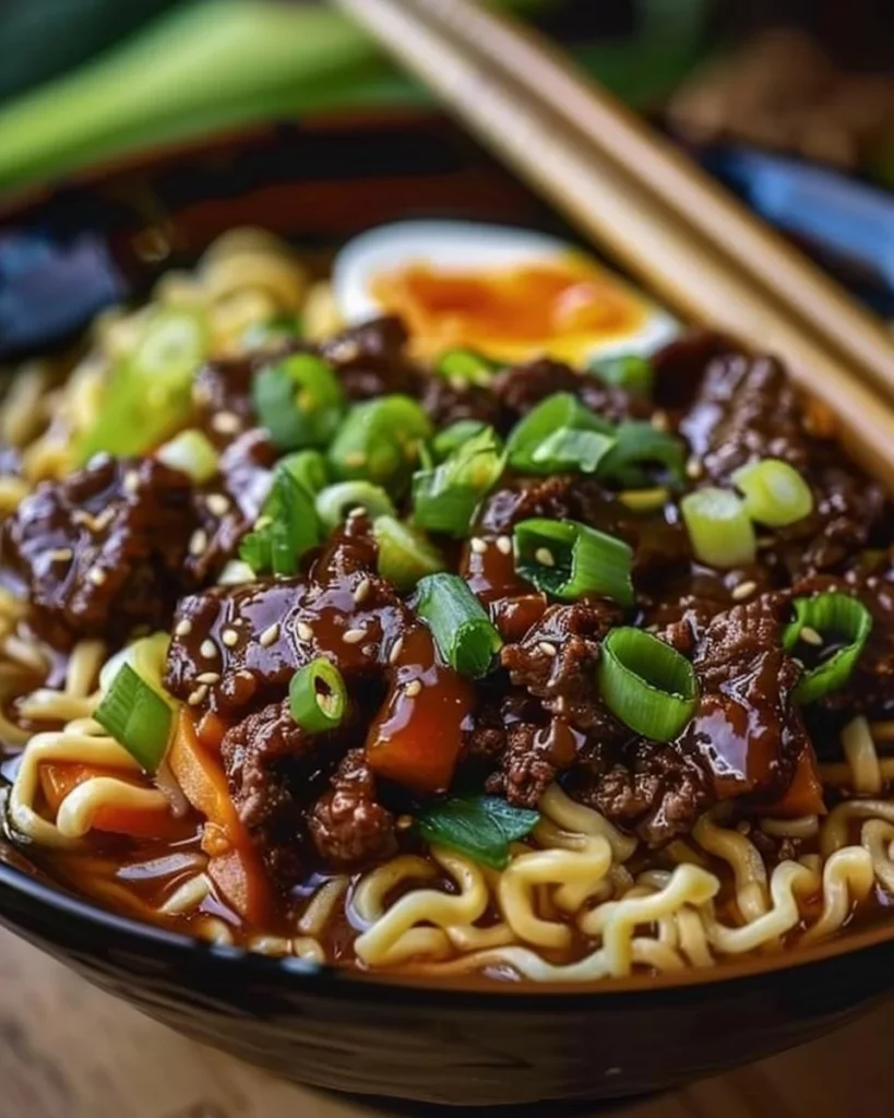 Bowl of slow cooker beef ramen noodles with tender beef and herbs.