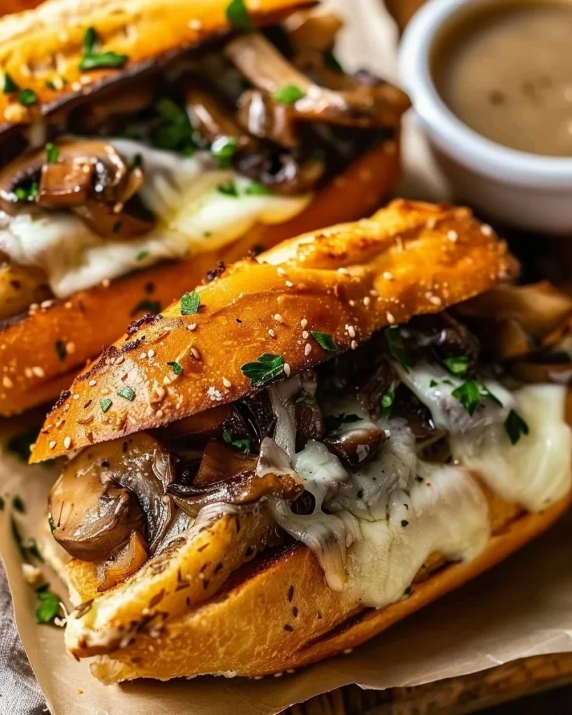 Slow Cooker French Dip Sandwiches with Garlic and Mushrooms served on a plate