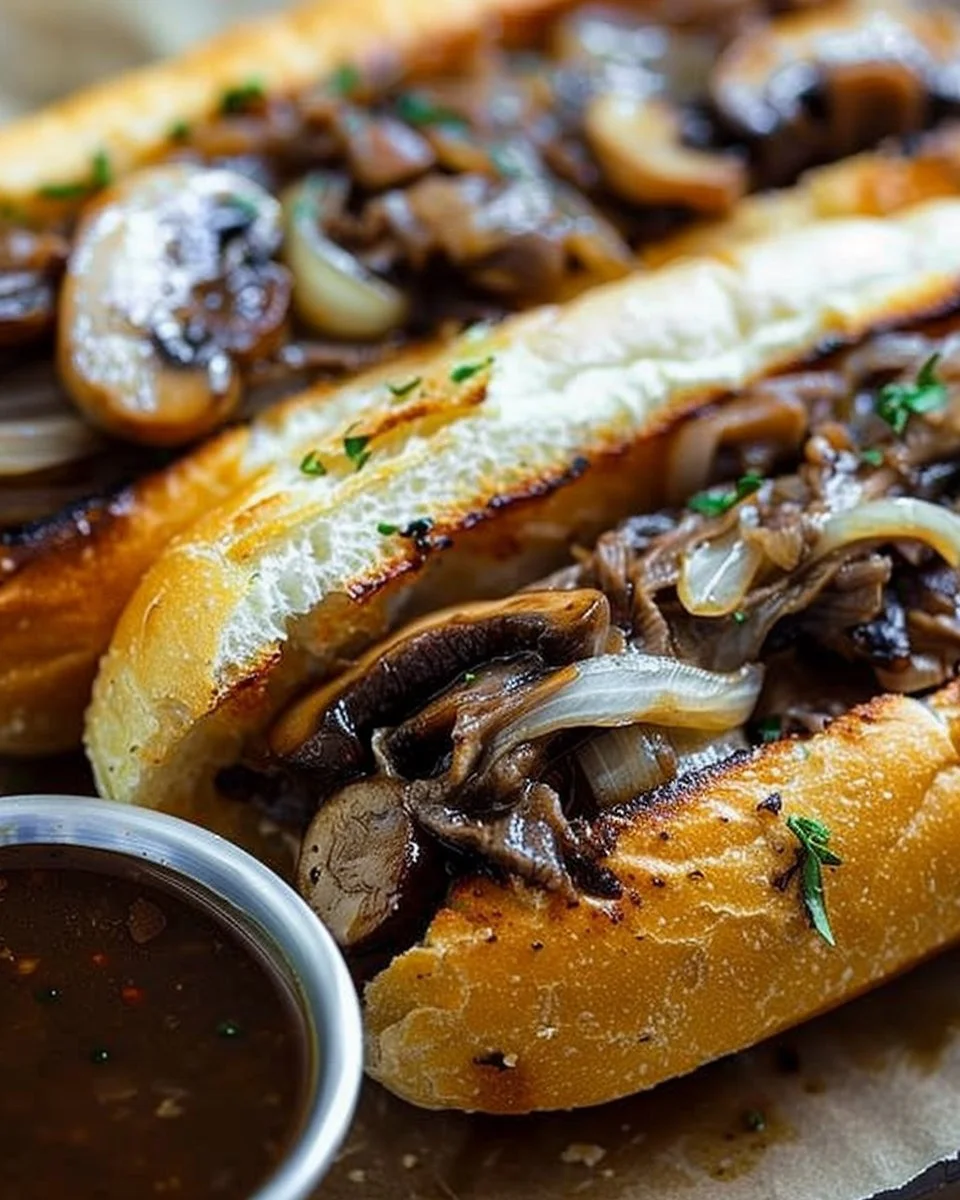 Slow Cooker French Dip Sandwiches with Garlic & Mushrooms 2 Slow Cooker French Dip Sandwiches with Garlic & Mushrooms