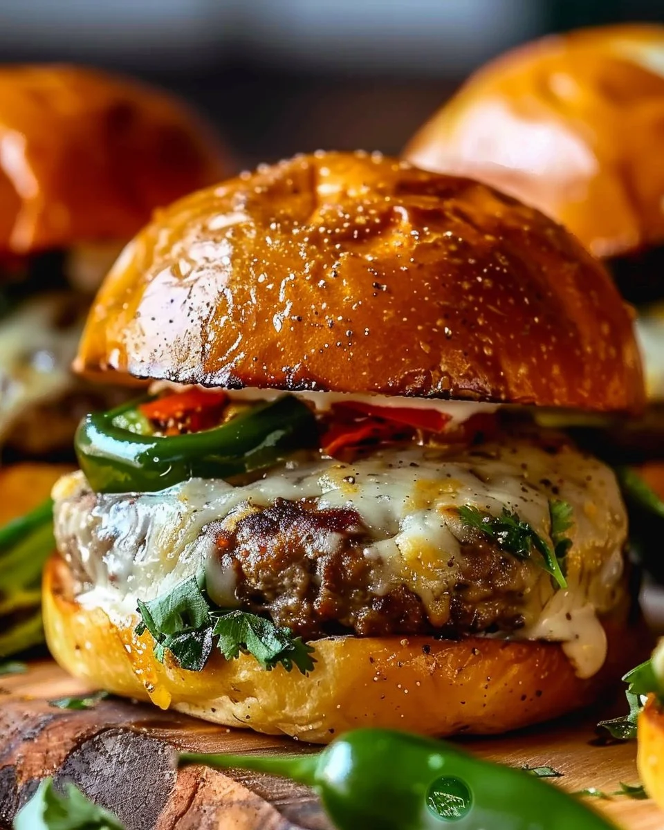 Delicious smoky Poblano Popper Burgers grilled to perfection with cheese and jalapenos