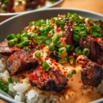 Steak Sushi Bowls with Spicy Cream Sauce, a delicious fusion dish