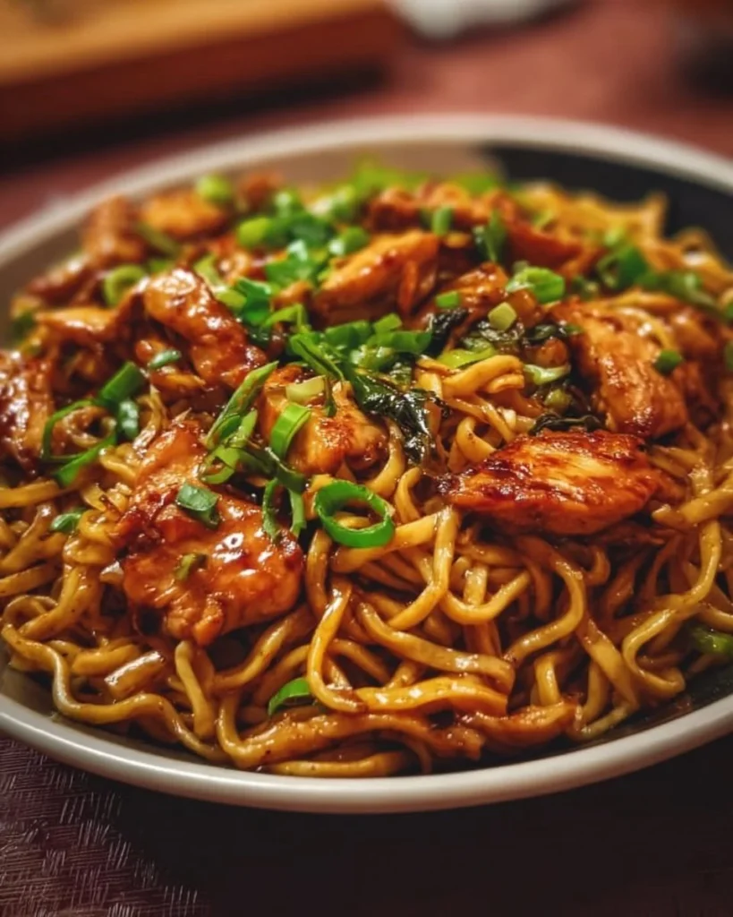 Delicious sticky garlic chicken noodles topped with green onions.