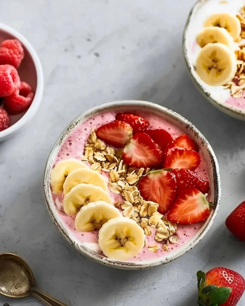 Delicious strawberry banana smoothie bowl topped with fresh fruits and granola.