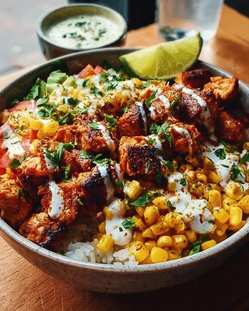 Delicious Street Corn Chicken Bowl with juicy chicken and zesty toppings