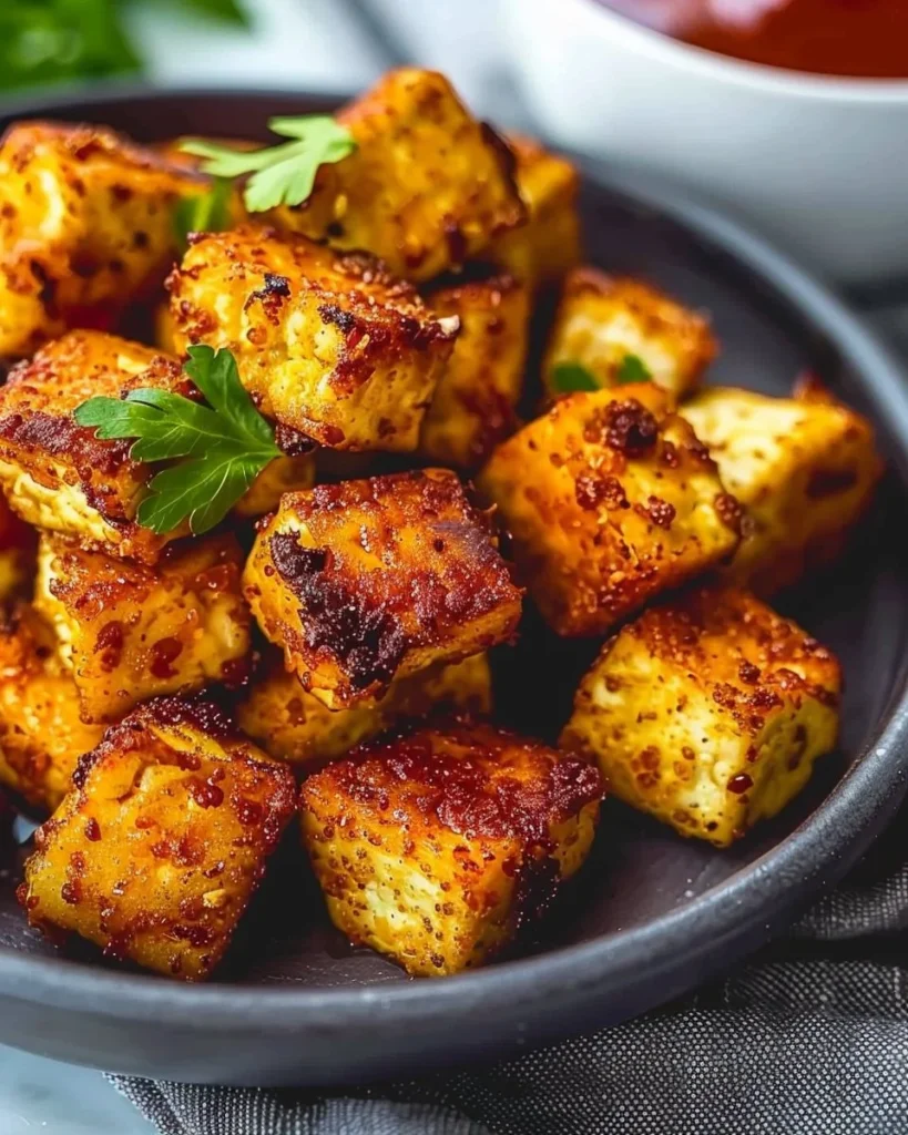 Delicious crispy air fryer tofu served with dipping sauce