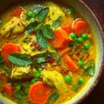 Bowl of turmeric chicken soup garnished with herbs