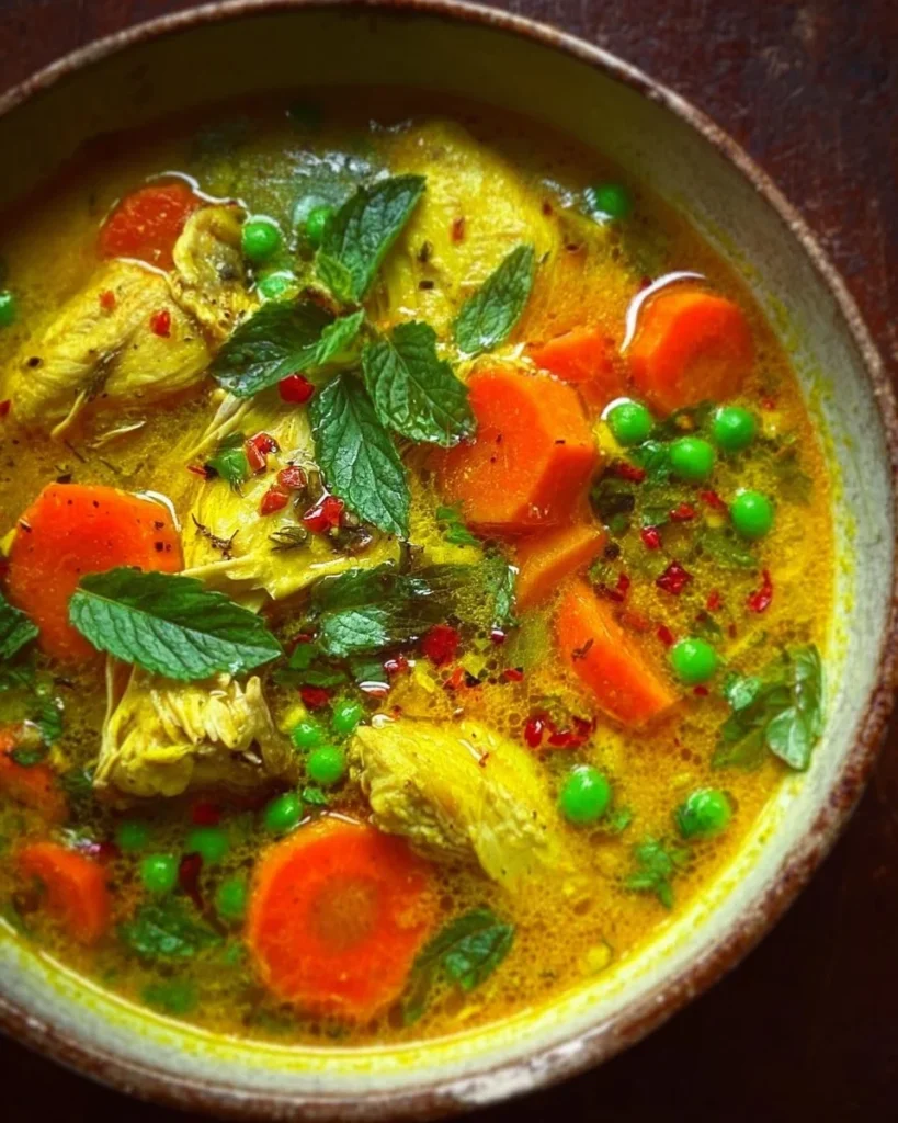 Bowl of turmeric chicken soup garnished with herbs