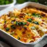 Delicious white chicken enchilada casserole topped with cheese and herbs