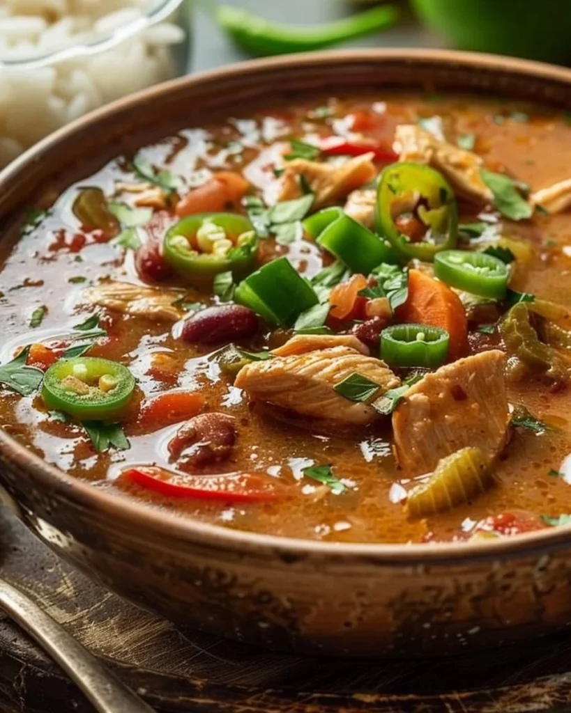 Bowl of Authentic Cajun Chicken Gumbo with vegetables and spices
