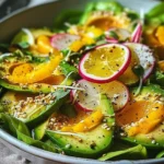 A vibrant avocado spring salad with fresh greens and colorful vegetables.