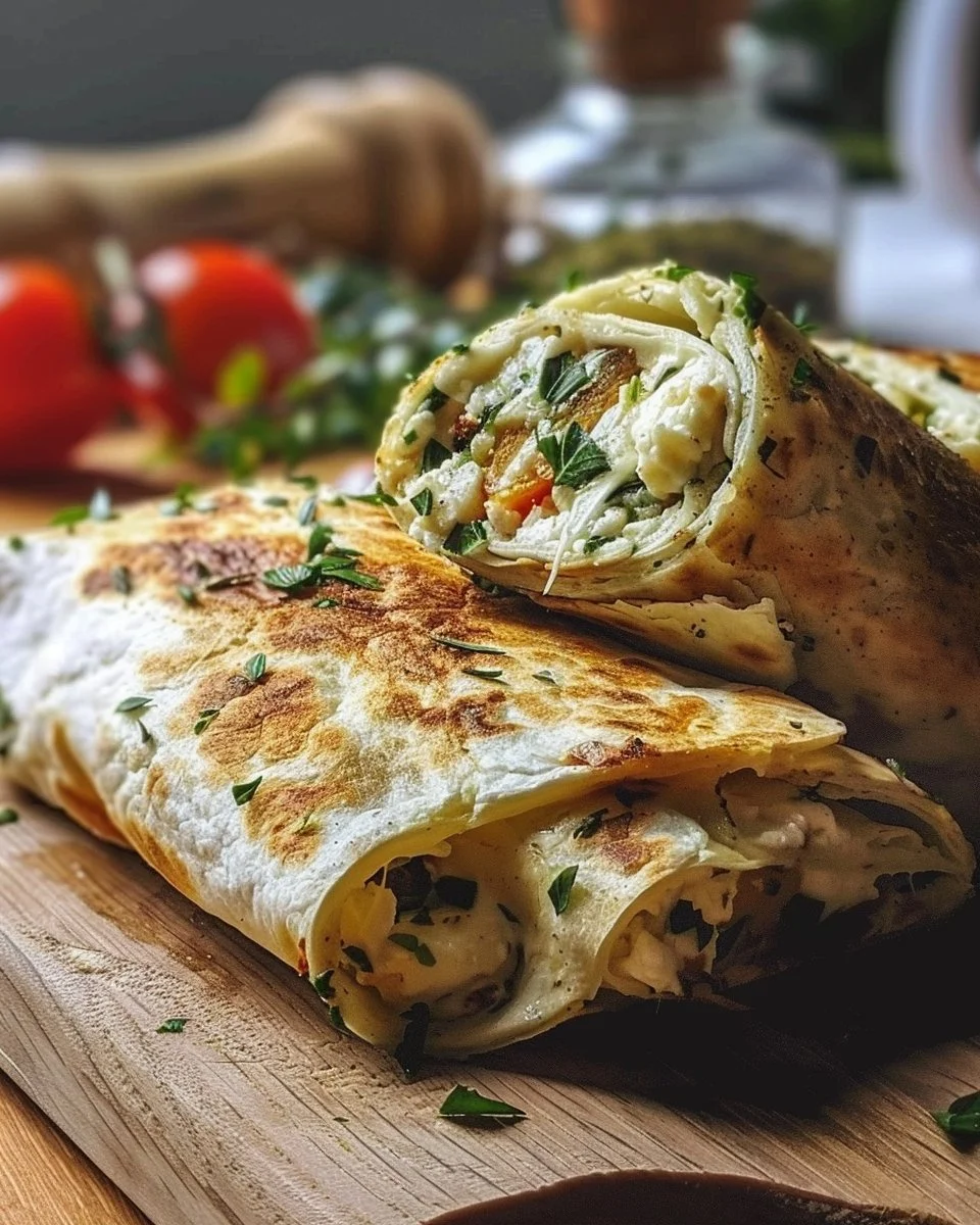 Baked Cottage Cheese Wraps with a Smoky Twist 1 Baked cottage cheese wraps with a smoky filling served on a plate