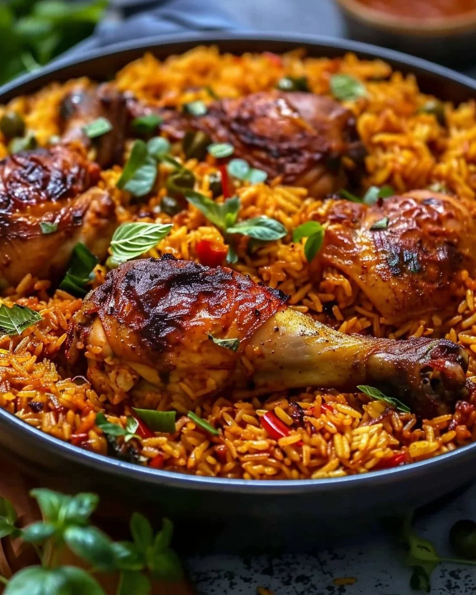 Baked Jollof Rice with Roasted Chicken