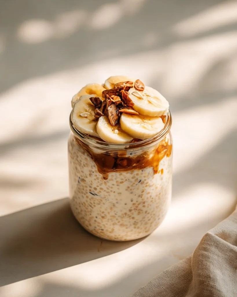 Delicious banana bread overnight oats served in a bowl with banana slices on top.