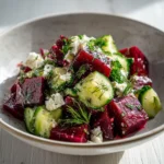 Fresh beet salad with feta cheese, cucumbers, and dill garnished on a plate