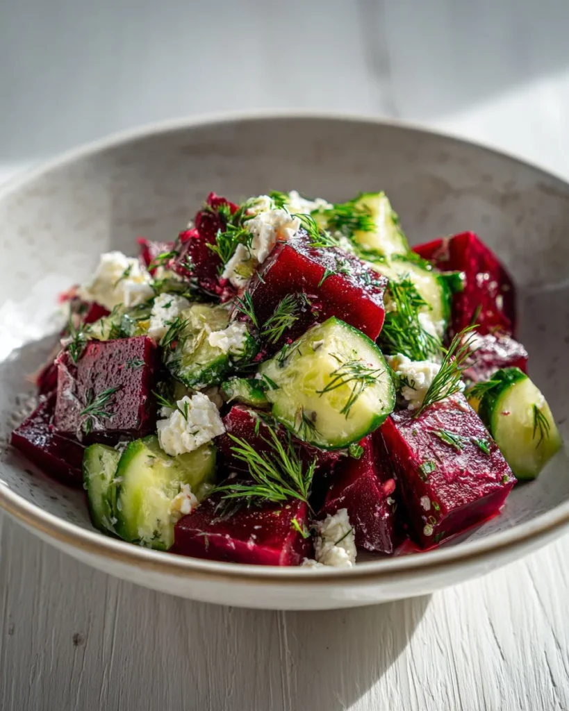 Fresh beet salad with feta cheese, cucumbers, and dill garnished on a plate