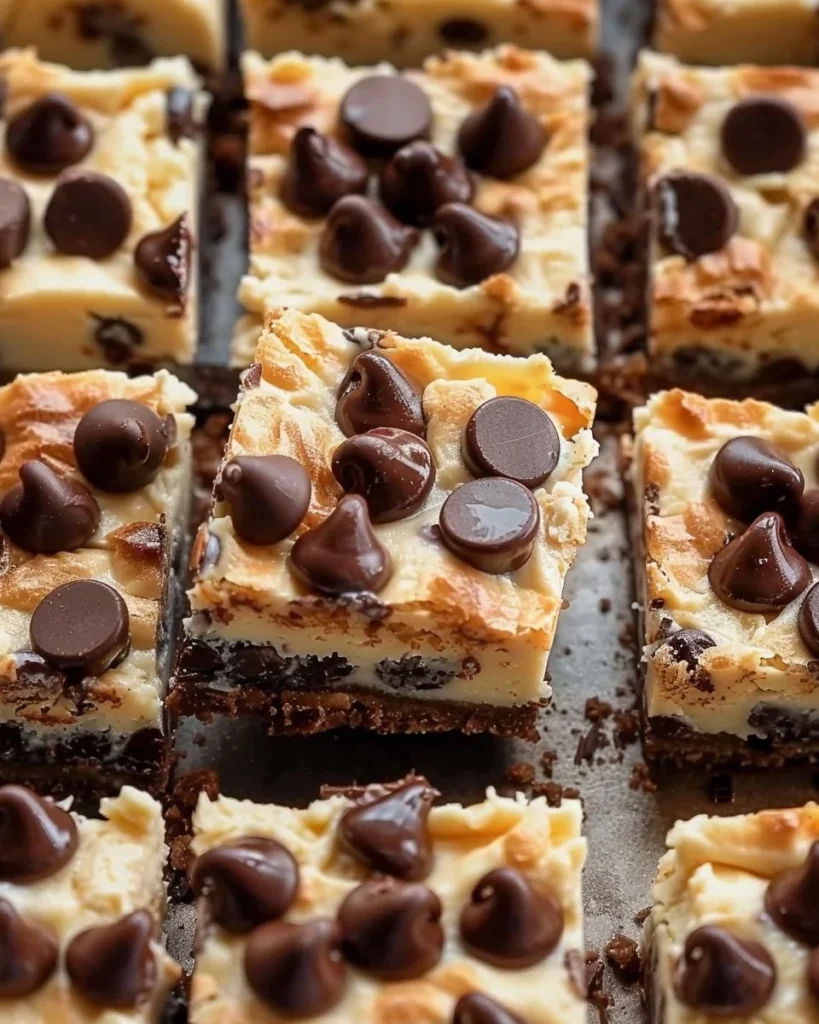 Delicious homemade chocolate chip cheesecake bars on a plate