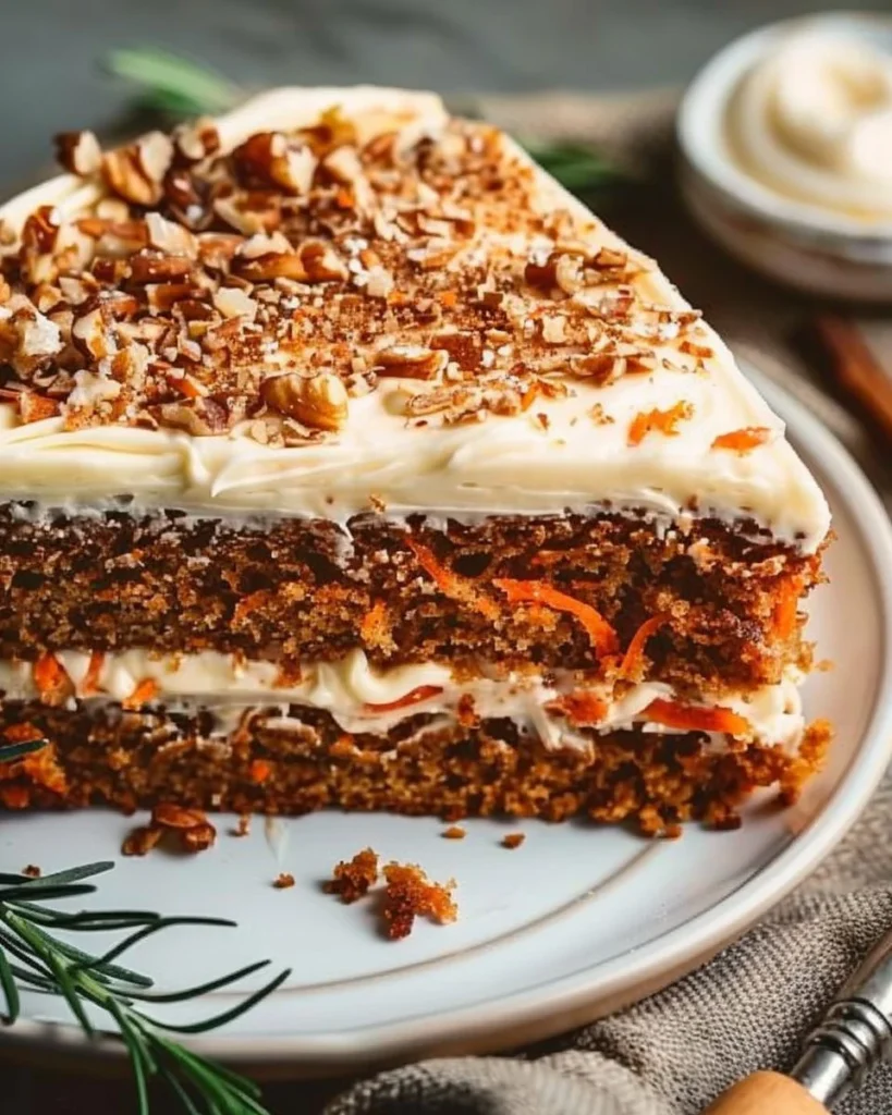 Delicious slice of Blue Ribbon Carrot Cake topped with cream cheese frosting