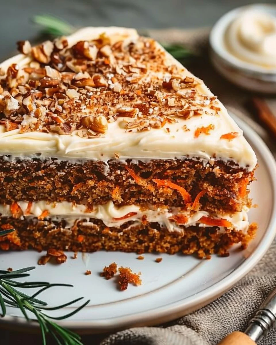 Delicious slice of Blue Ribbon Carrot Cake topped with cream cheese frosting