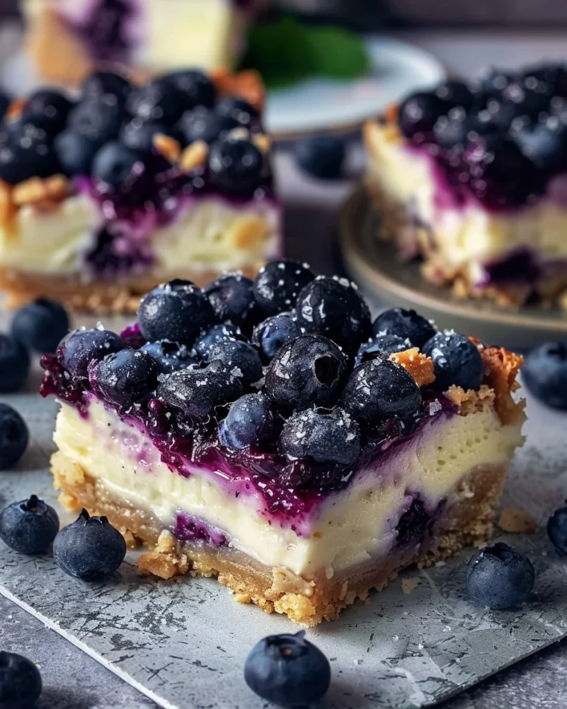 Delicious blueberry cheesecake bars with a creamy filling and blueberry topping