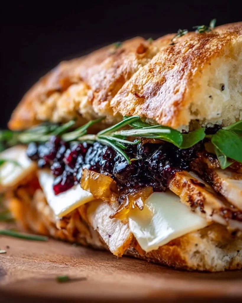 Gourmet sandwich featuring Brie cheese, turkey, blueberry jam, and caramelized onions on ciabatta.