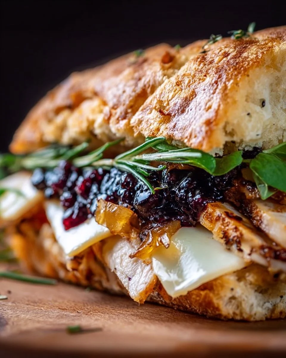 Gourmet sandwich featuring Brie cheese, turkey, blueberry jam, and caramelized onions on ciabatta.