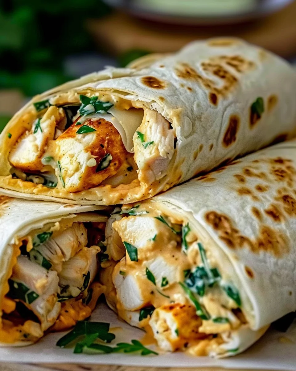 Delicious cheesy garlic chicken wraps served on a plate