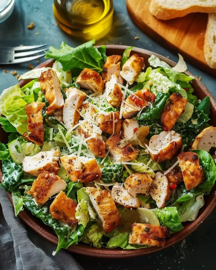Delicious Chicken Caesar Salad with romaine lettuce, grilled chicken, and Caesar dressing.