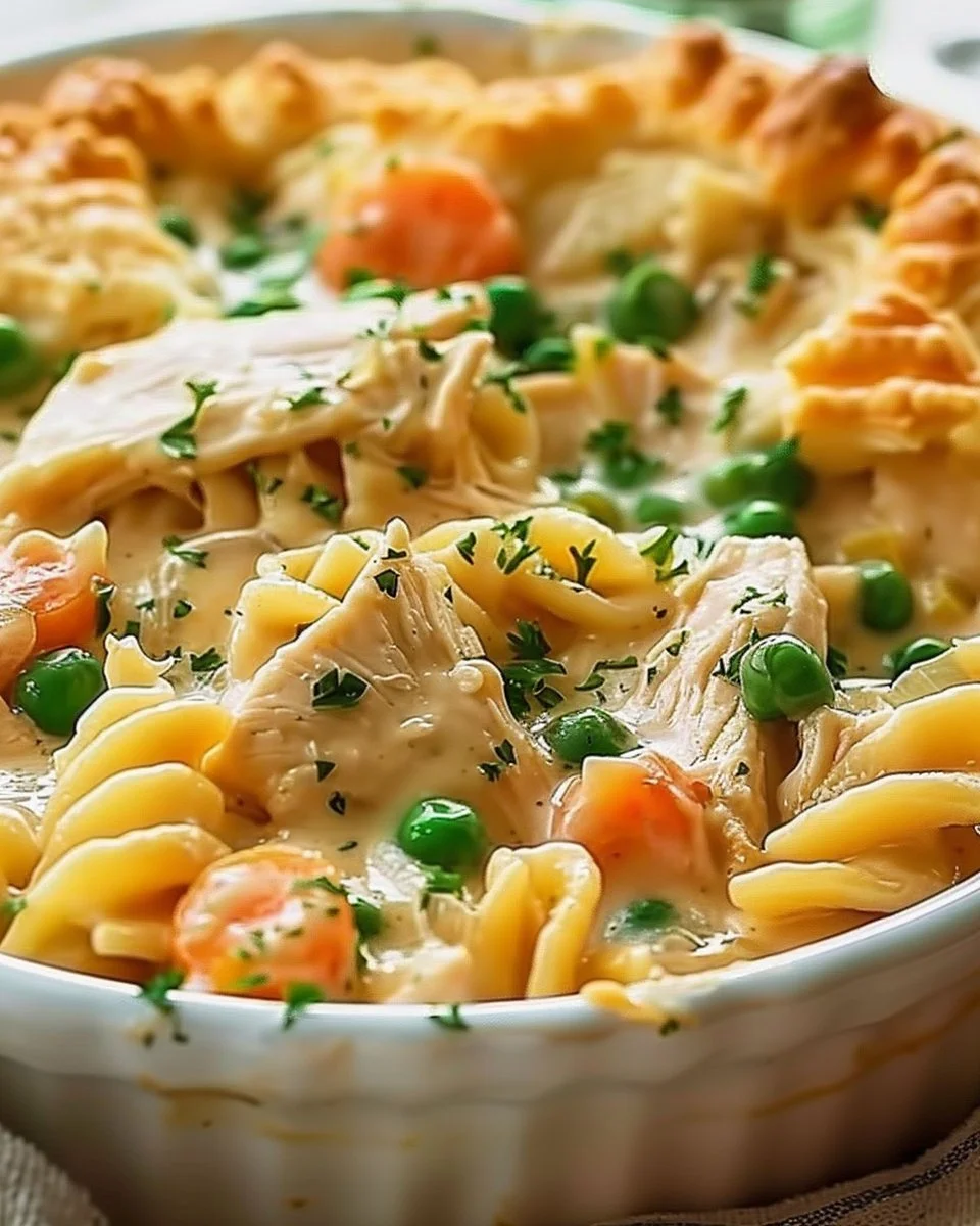 Chicken Pot Pie Pasta served in a bowl with fresh herbs and crusty bread.
