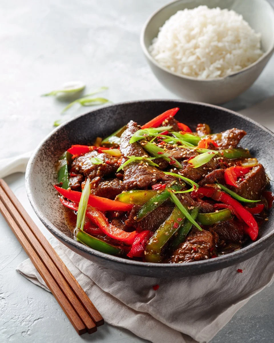 Delicious Chinese pepper steak with beef and colorful bell peppers