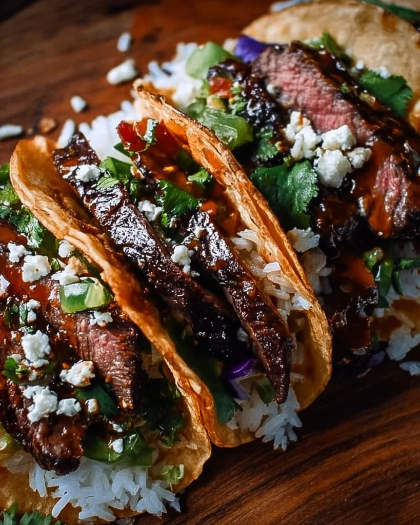 Delicious chipotle orange steak tacos served with cilantro-lime rice