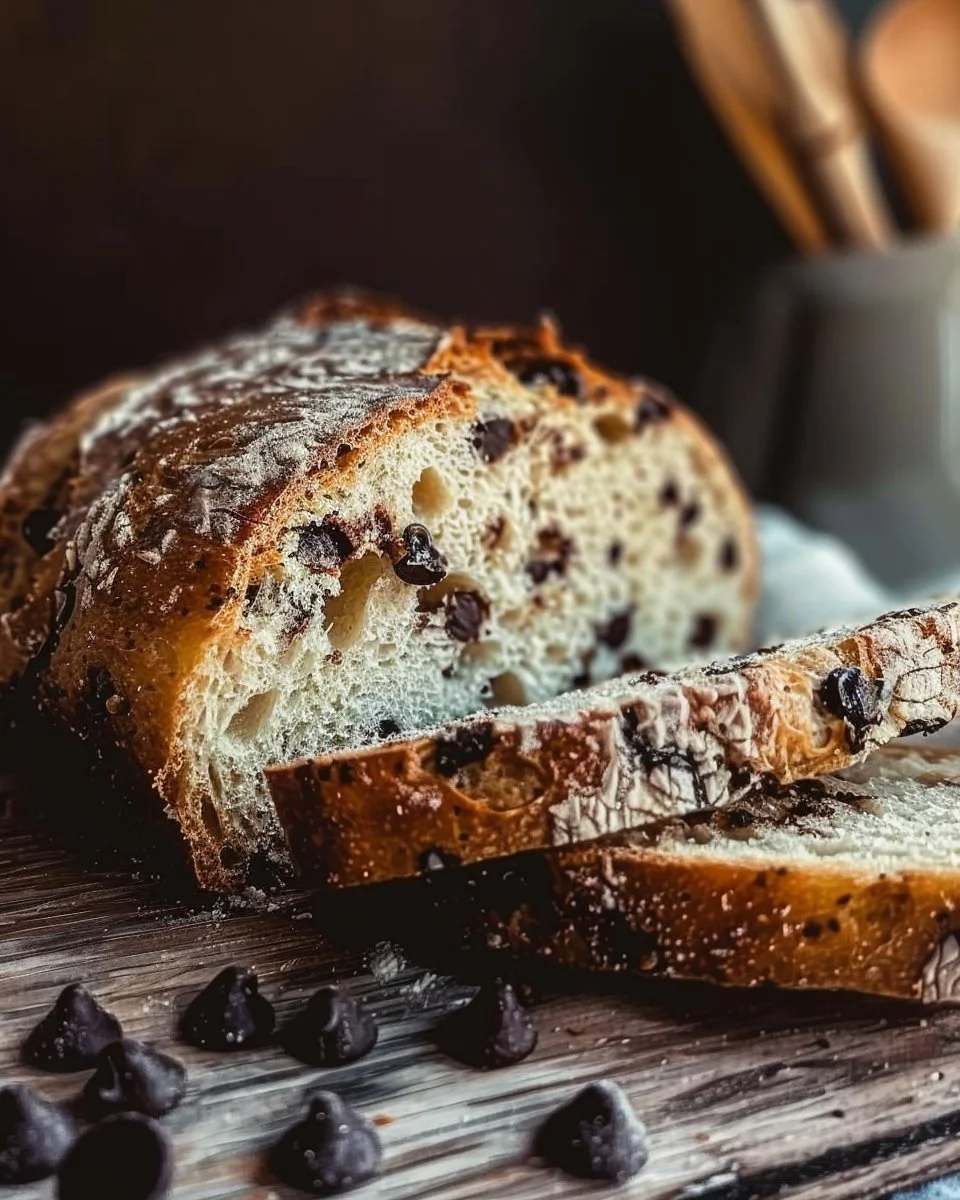 Chocolate Chip Sourdough Bread 1 Freshly baked chocolate chip sourdough bread loaf with chocolate chunks.