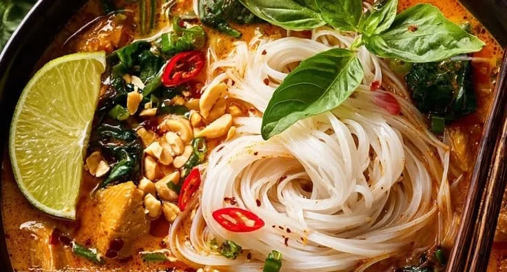 Delicious Coconut Curry Chicken Soup with lime and rice vinegar in a bowl