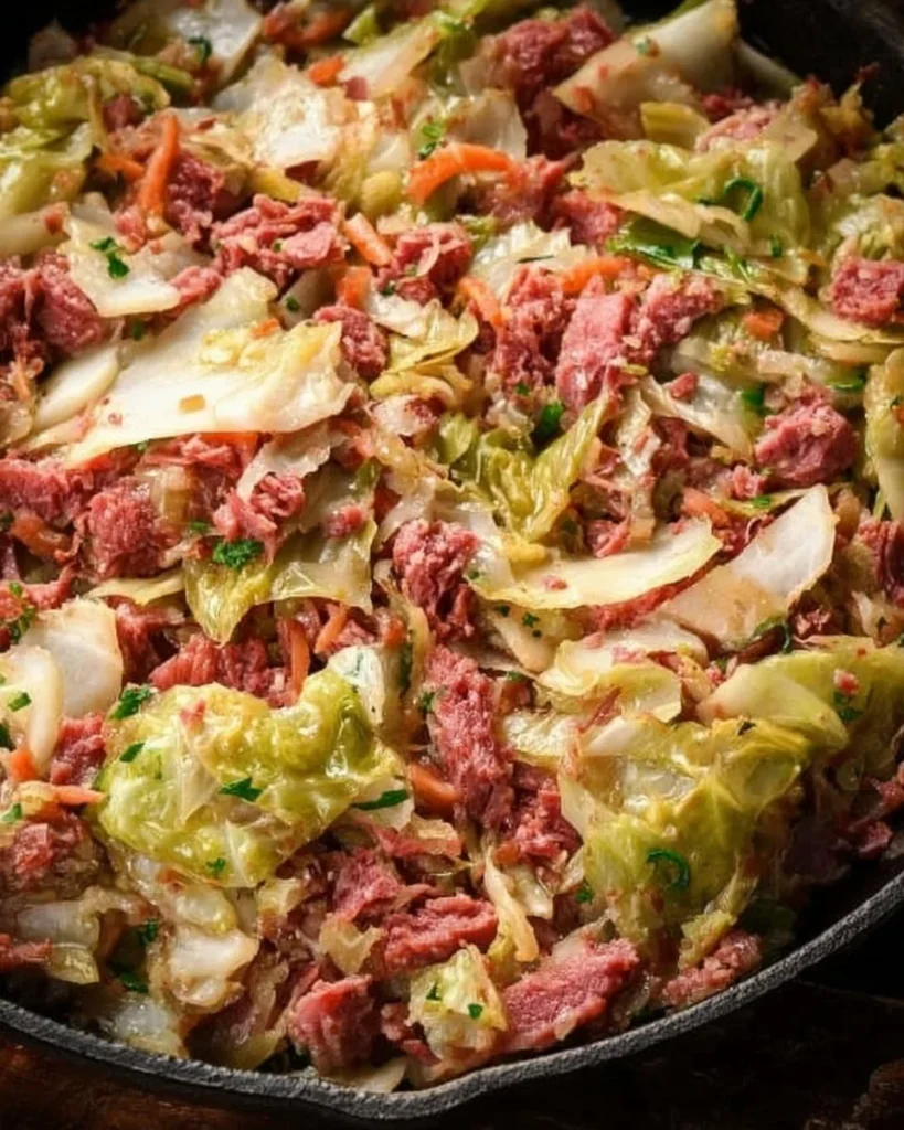 Corned beef and cabbage skillet dish ready to serve with fresh parsley garnish.