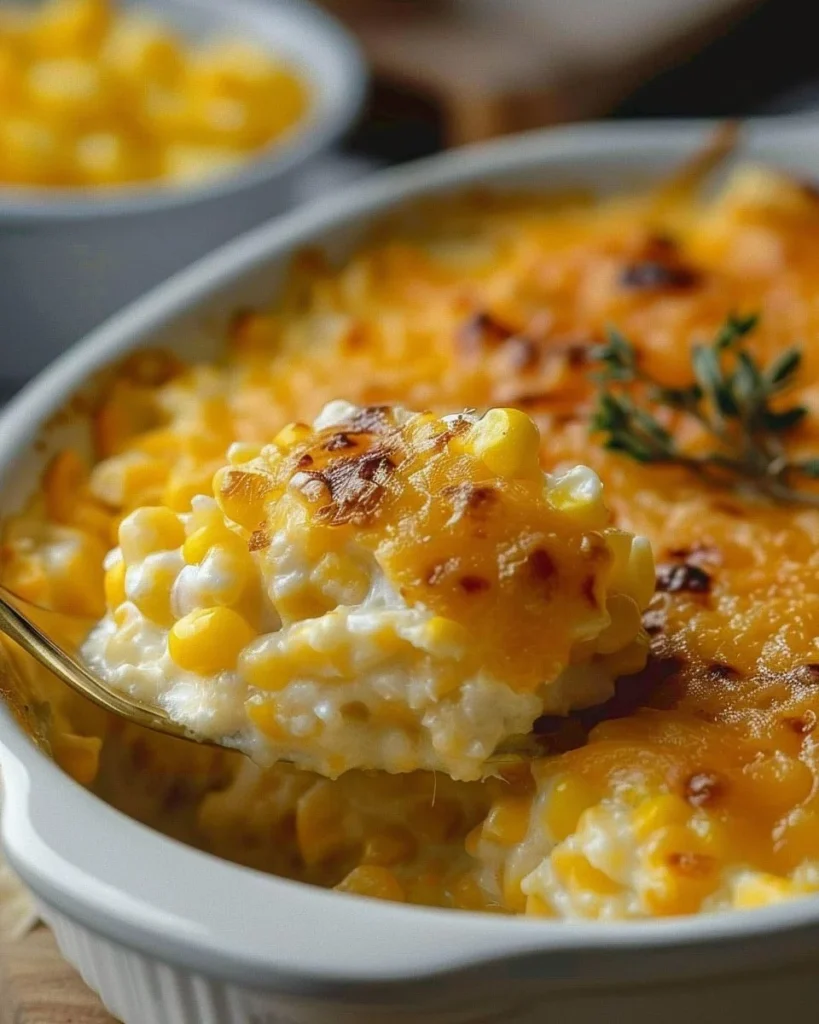 Creamy cream cheese corn casserole dish topped with cheese and herbs
