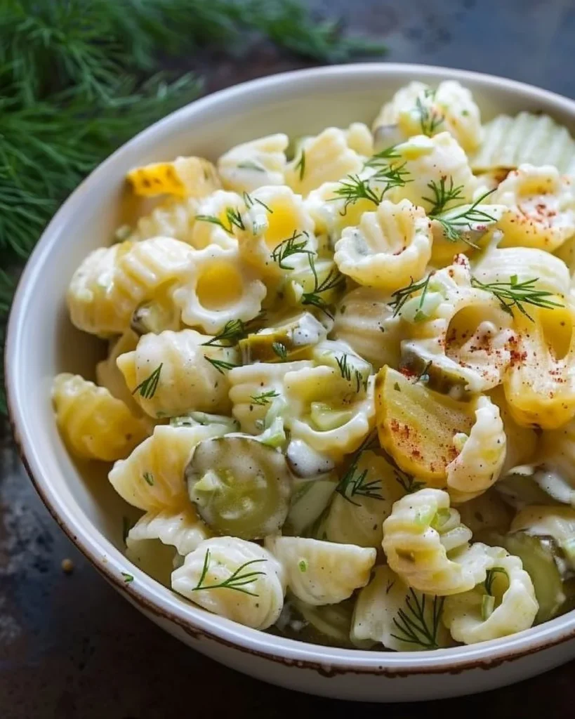 Creamy Dill Pickle Pasta Salad served in a bowl with fresh herbs