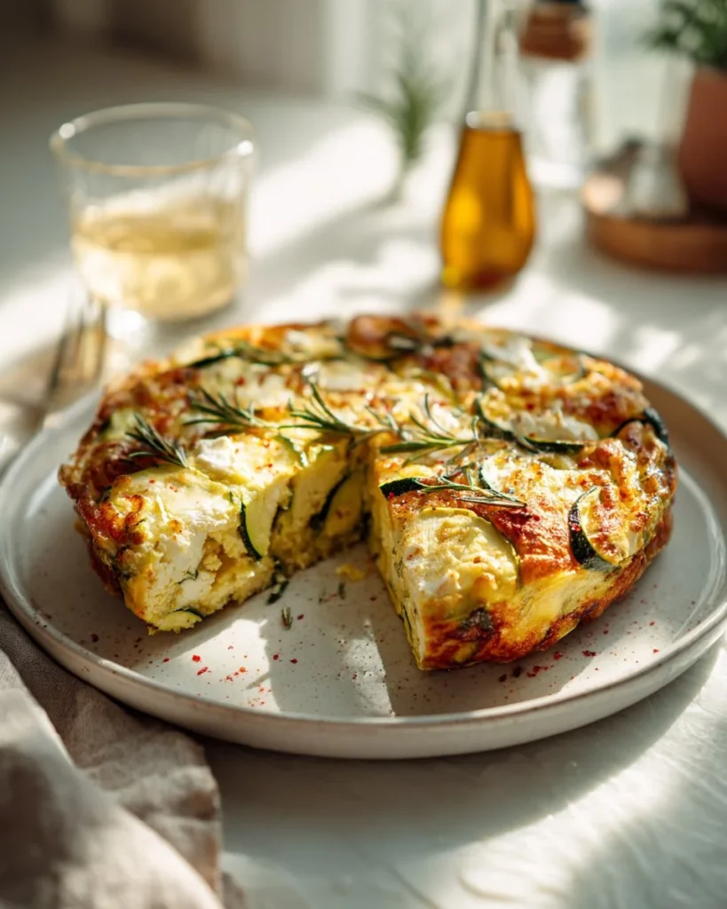 Creamy feta squash frittata served on a plate with herbs
