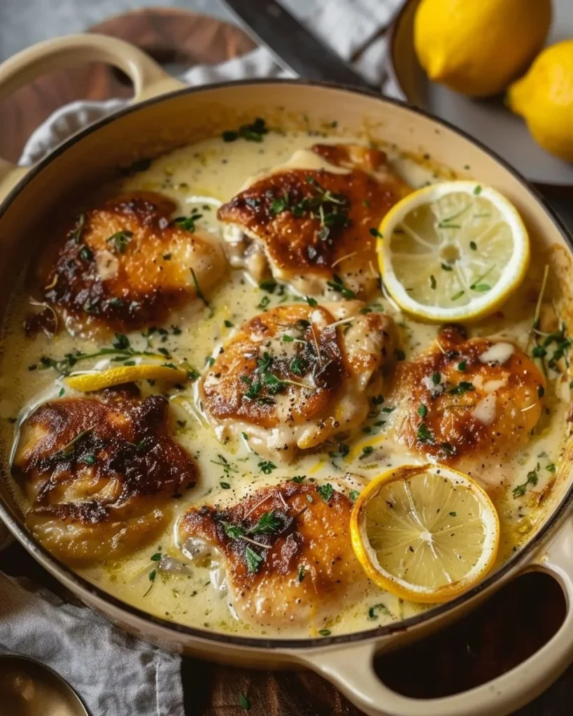 Creamy lemon chicken served on a plate with herbs and lemon slices