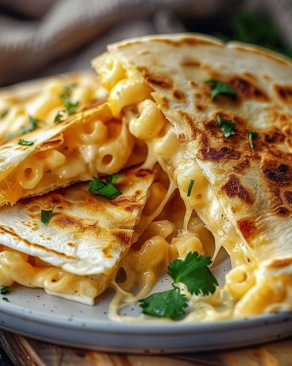 Creamy mac and cheese quesadillas served on a plate, garnished with herbs