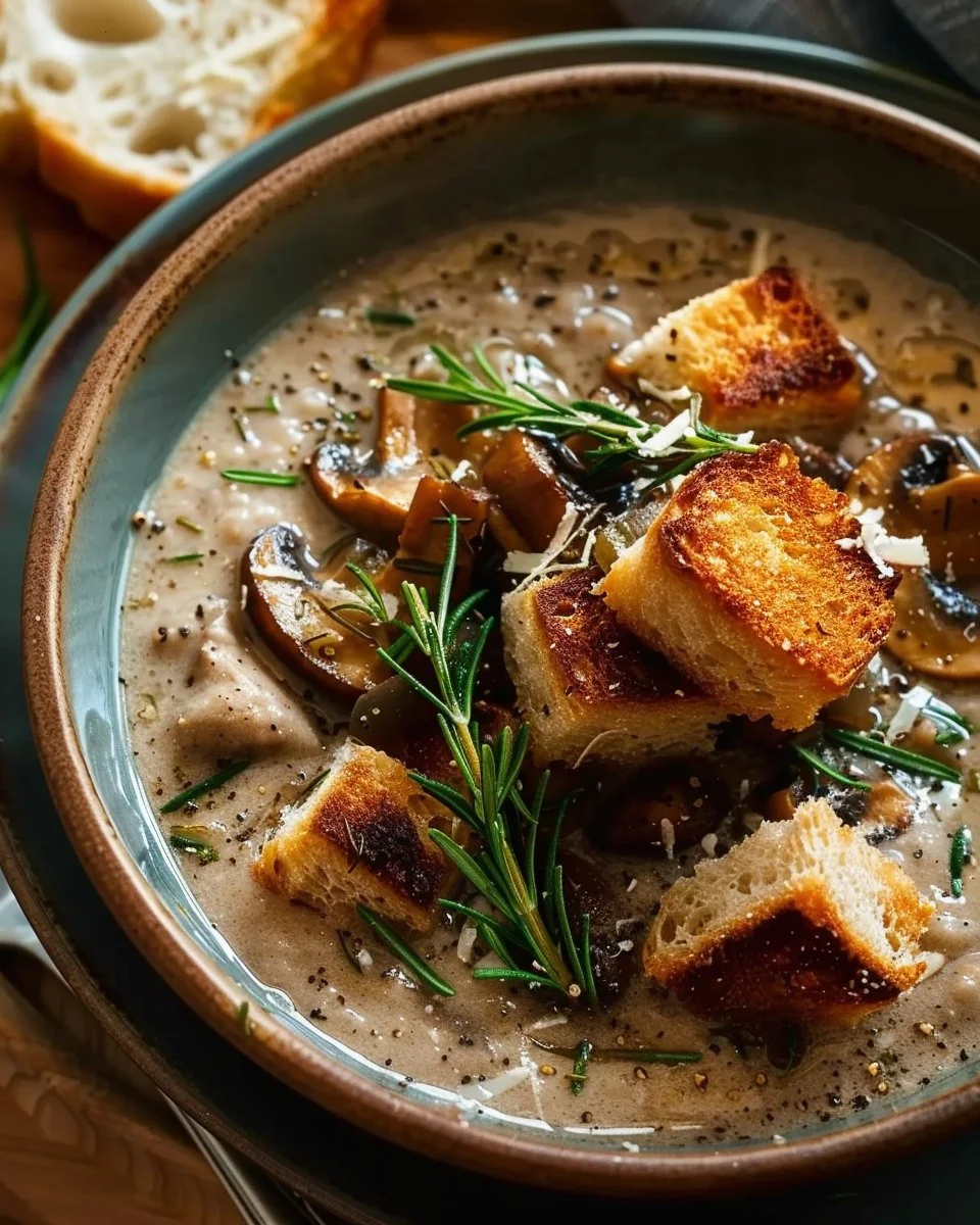 Creamy mushroom soup garnished with rosemary croutons and Parmesan cheese.