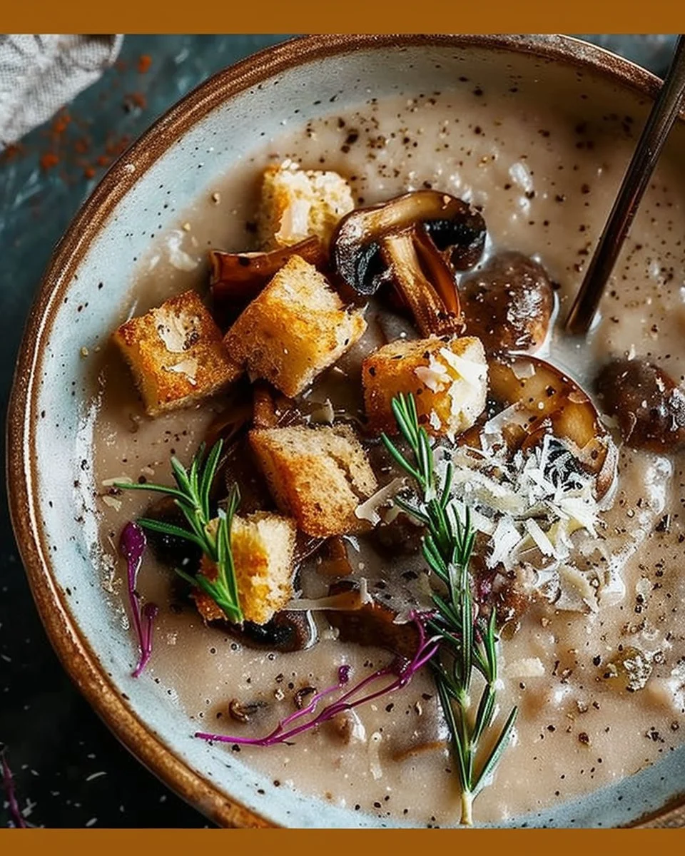 Creamy Mushroom Soup with Rosemary Croutons and Parmesan
