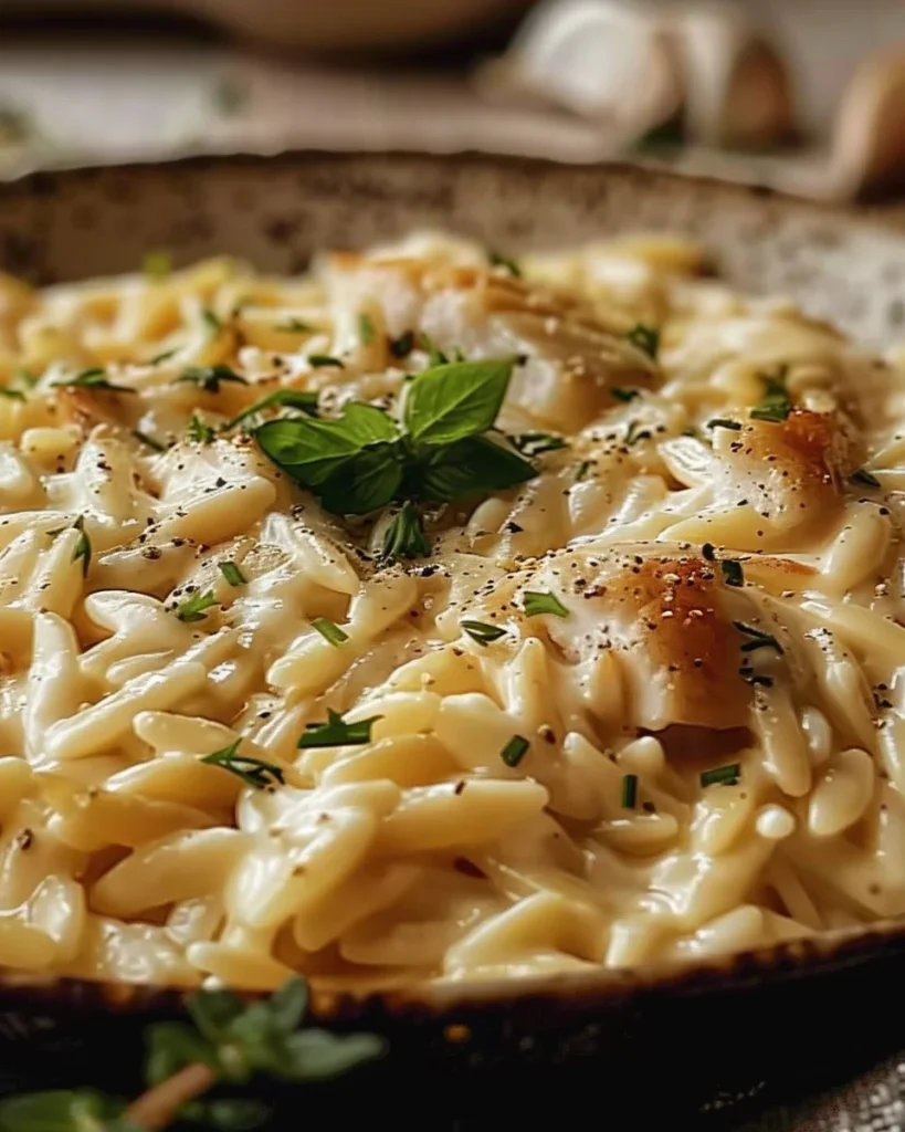 Creamy Parmesan Orzo dish garnished with herbs