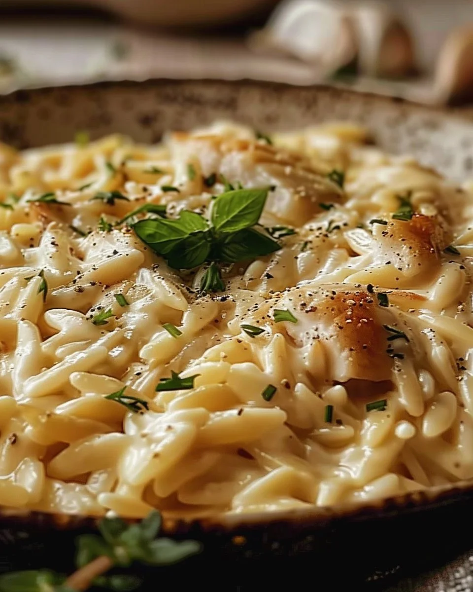 Creamy Parmesan Orzo dish garnished with herbs