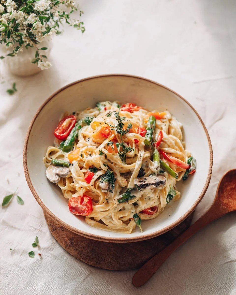 Creamy Pasta Primavera dish with colorful vegetables and pasta