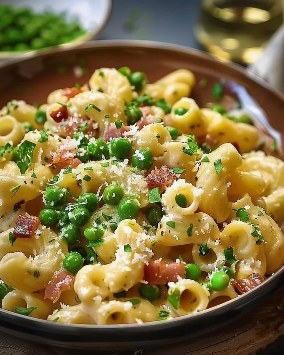 Creamy Pasta with Pancetta and Peas 1 Creamy pasta dish featuring pancetta and peas, a delicious comfort food