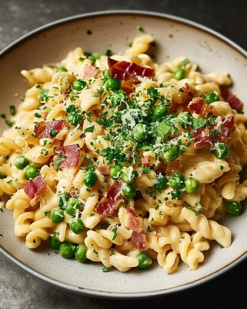 Creamy Pasta with Pancetta and Peas 2 Creamy Pasta with Pancetta and Peas