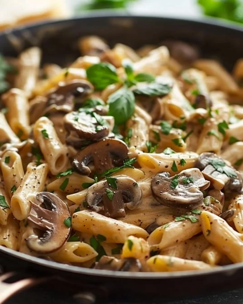 Creamy Tuscan mushroom pasta skillet served in a pan, garnished with herbs.