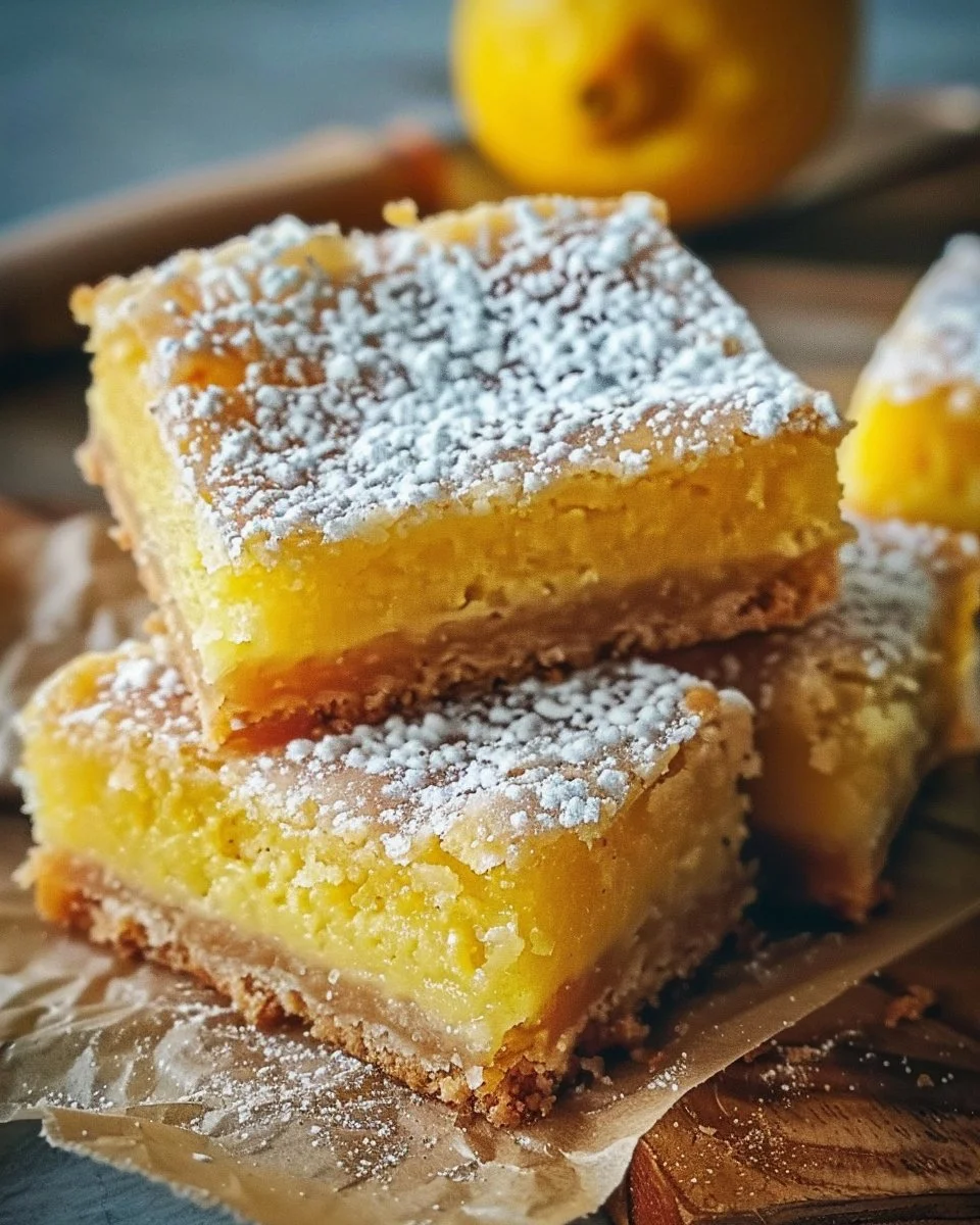 Delicious creamy zesty buttery lemon bars on a plate